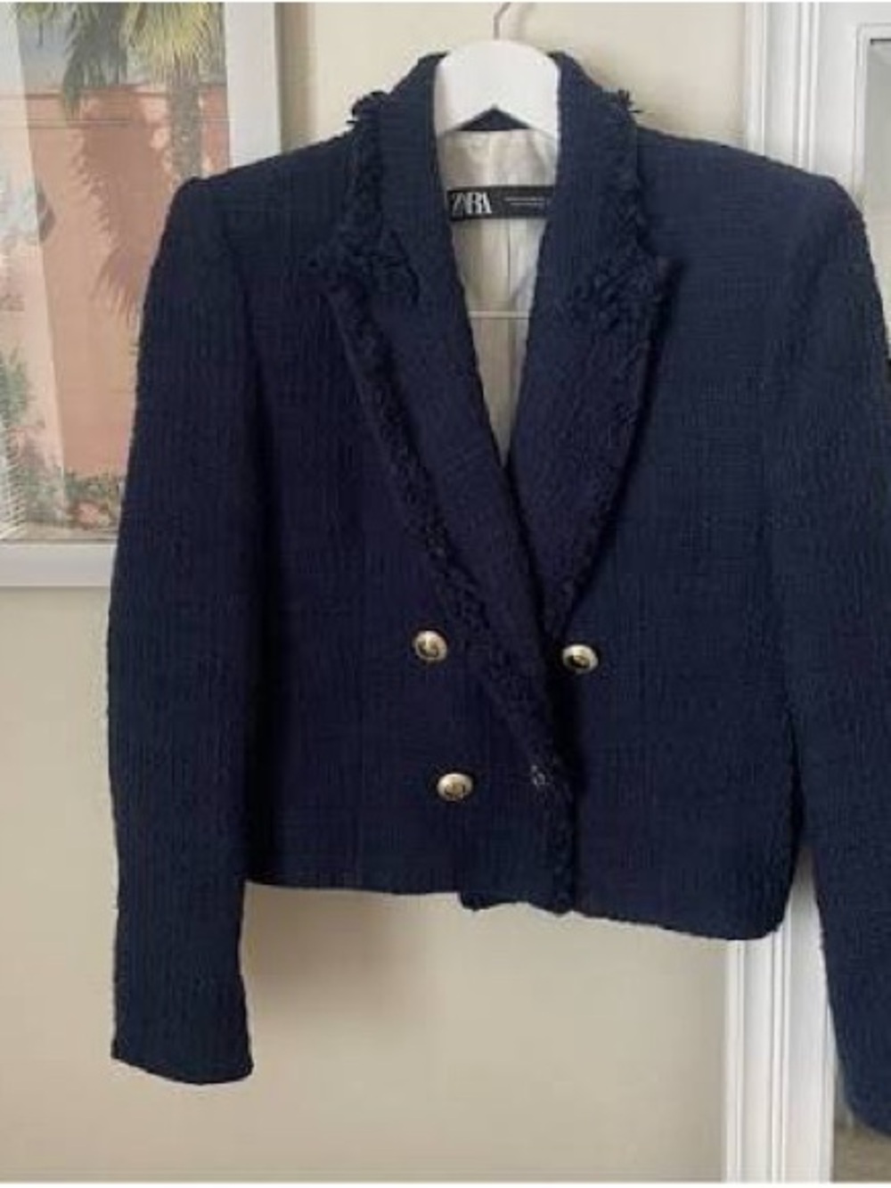 Zara Navy Tweed Cropped Double-Breasted Blazer with Gold Buttons